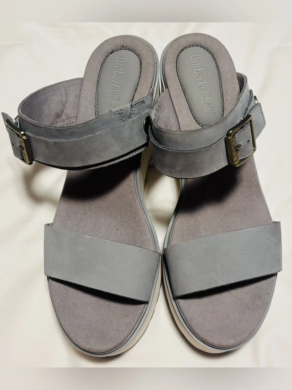 Timberland Grey Nubuck Leather Wedge Sandals Platform Strap Women’s Size 11